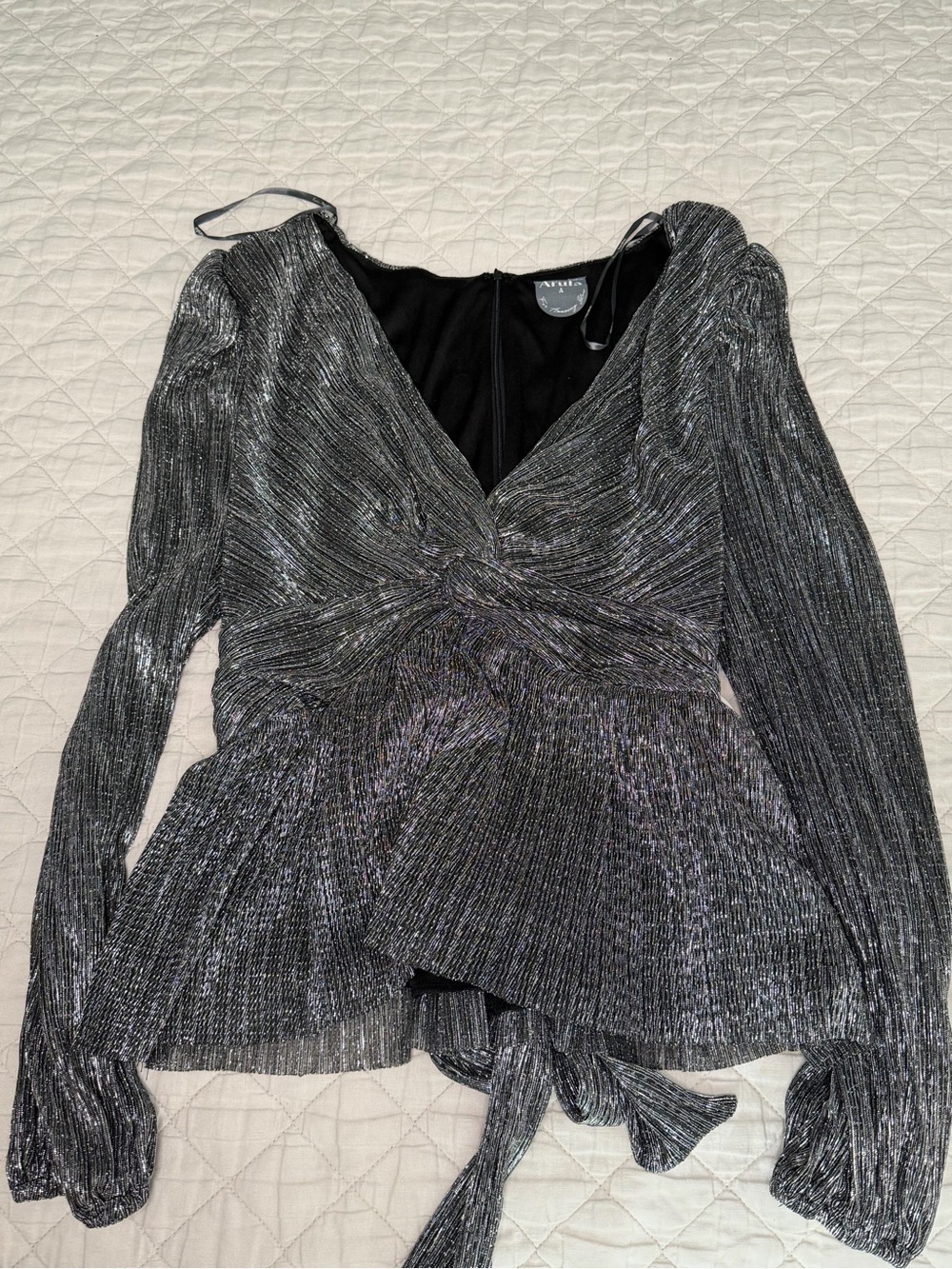 Arula Silver Metallic Twist-Front Long Sleeve Top